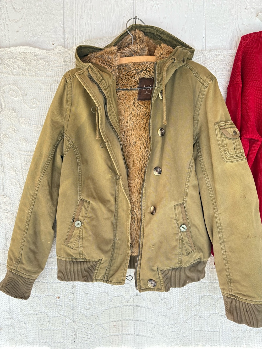 Y2K Old Navy Olive Green Hooded Sherpa Bomber Jacket Large USED
